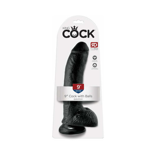Pipedream King Cock 9 in. Cock With Balls Realistic Suction Cup Dildo Black - Red Garter