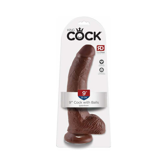 Pipedream King Cock 9 in. Cock With Balls Realistic Suction Cup Dildo Brown - Red Garter