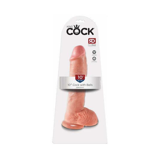 Pipedream King Cock 10 in. Cock With Balls Realistic Suction Cup Dildo Beige - Red Garter