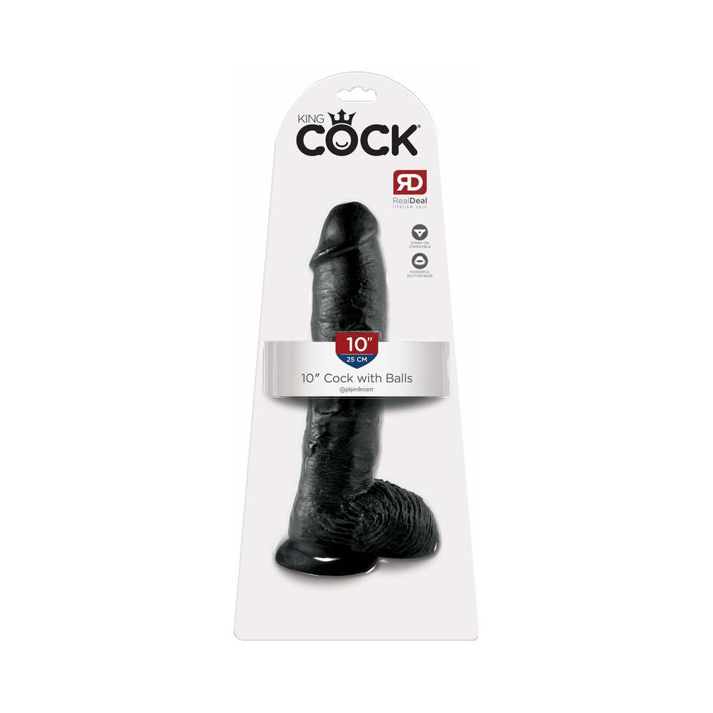 Pipedream King Cock 10 in. Cock With Balls Realistic Suction Cup Dildo Black - Red Garter