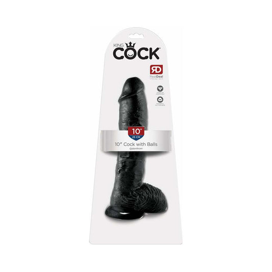 Pipedream King Cock 10 in. Cock With Balls Realistic Suction Cup Dildo Black - Red Garter