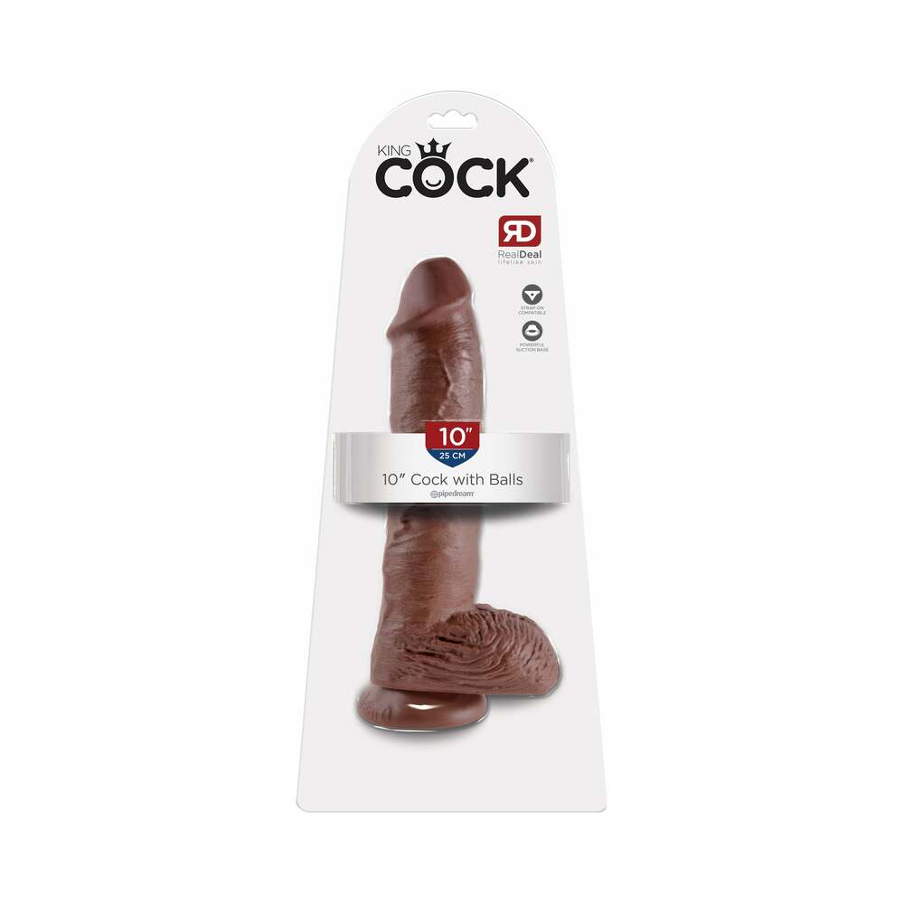 Pipedream King Cock 10 in. Cock With Balls Realistic Suction Cup Dildo Brown - Red Garter