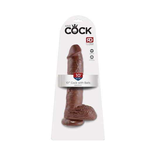 Pipedream King Cock 10 in. Cock With Balls Realistic Suction Cup Dildo Brown - Red Garter