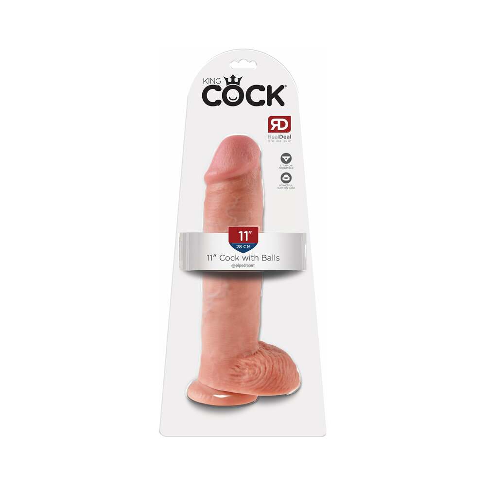 Pipedream King Cock 11 in. Cock With Balls Realistic Suction Cup Dildo Beige - Red Garter