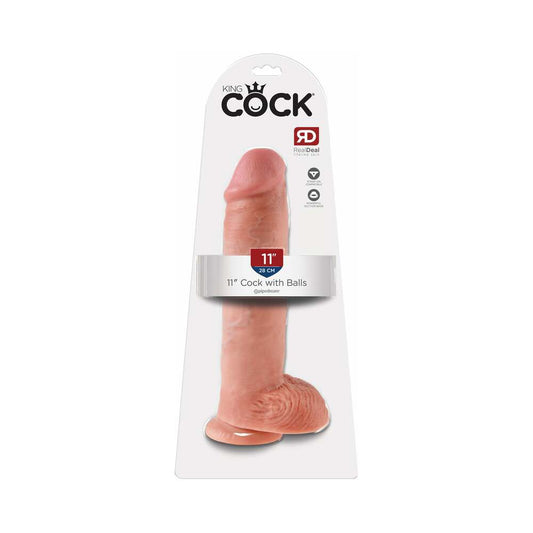 Pipedream King Cock 11 in. Cock With Balls Realistic Suction Cup Dildo Beige - Red Garter