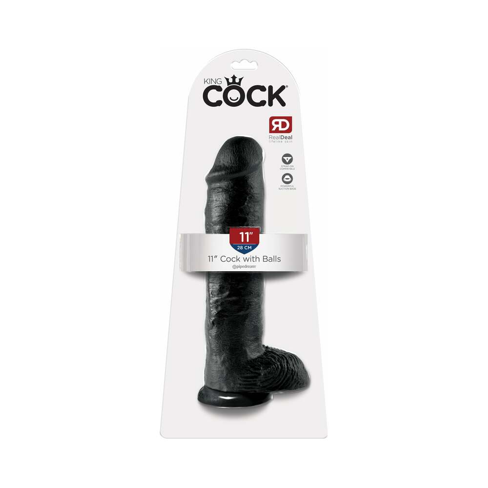 Pipedream King Cock 11 in. Cock With Balls Realistic Suction Cup Dildo Black - Red Garter