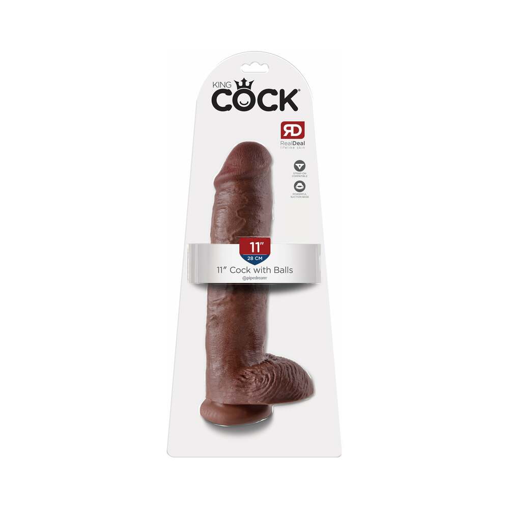 Pipedream King Cock 11 in. Cock With Balls Realistic Suction Cup Dildo Brown - Red Garter