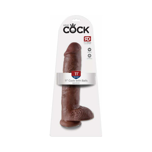 Pipedream King Cock 11 in. Cock With Balls Realistic Suction Cup Dildo Brown - Red Garter