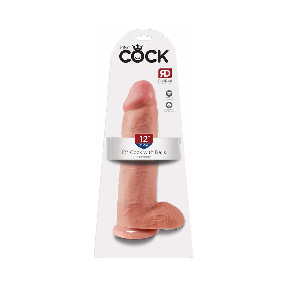 Pipedream King Cock 12 in. Cock With Balls Realistic Suction Cup Dildo Beige - Red Garter