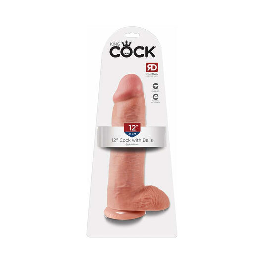 Pipedream King Cock 12 in. Cock With Balls Realistic Suction Cup Dildo Beige - Red Garter