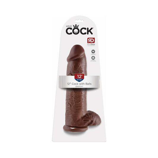 Pipedream King Cock 12 in. Cock With Balls Realistic Suction Cup Dildo Brown - Red Garter