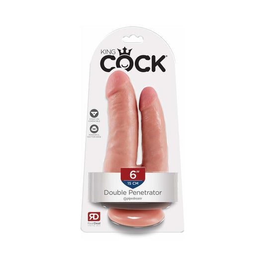 Pipedream King Cock Double Penetrator 6 in. Realistic Dual-Entry Dildo With Suction Cup Beige - Red Garter