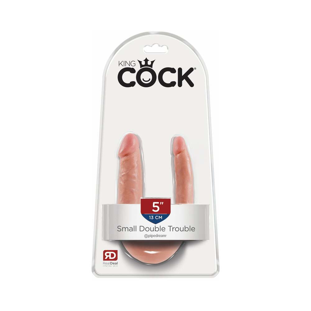 Pipedream King Cock Double Trouble Small 5 in. Realistic Dual-Ended Dildo Beige - Red Garter
