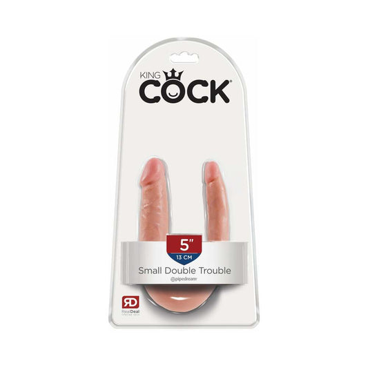 Pipedream King Cock Double Trouble Small 5 in. Realistic Dual-Ended Dildo Beige - Red Garter