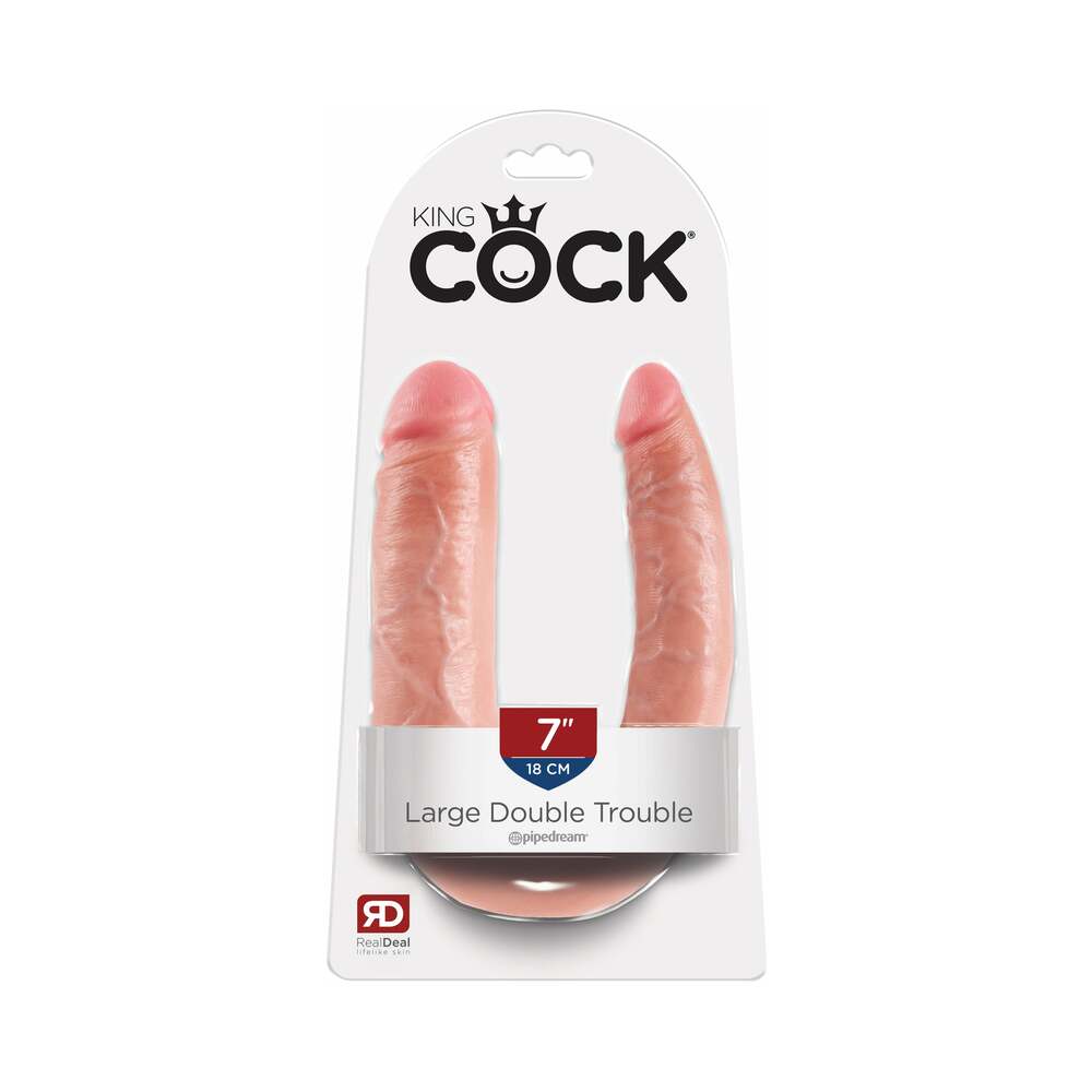 Pipedream King Cock Double Trouble Large 7 in. Realistic Dual-Ended Dildo Beige - Red Garter