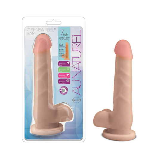 Au Naturel 7 in. Sam Posable Dual Density Dildo with Balls Beige - Red Garter