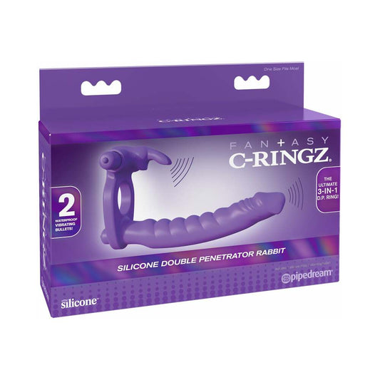 Pipedream Fantasy C-Ringz Double Penetrator Vibrating Rabbit Dual Entry Cockring Purple - Red Garter