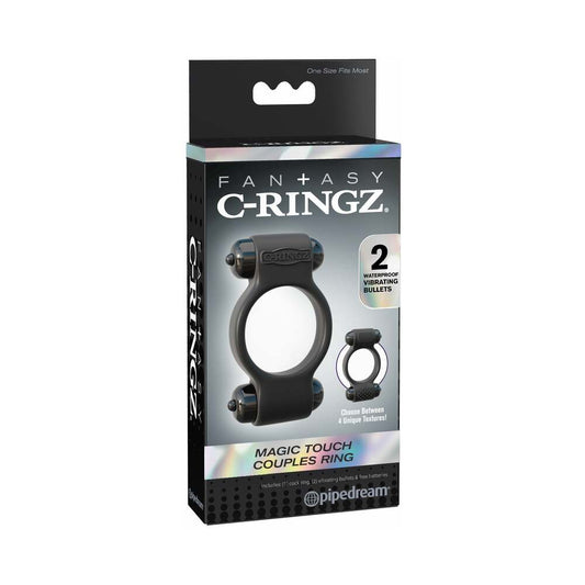 Pipedream Fantasy C-Ringz Magic Touch Couples Ring With Dual Bullets Black - Red Garter