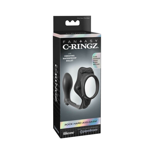 Pipedream Fantasy C-Ringz Rock Hard Ass-Gasm Vibrating Silicone Cockring With Anal Plug Black - Red Garter