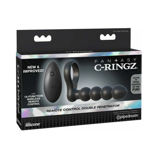Pipedream Fantasy C-Ringz Remote Control Double Penetrator Vibrating Cockring Black - Red Garter