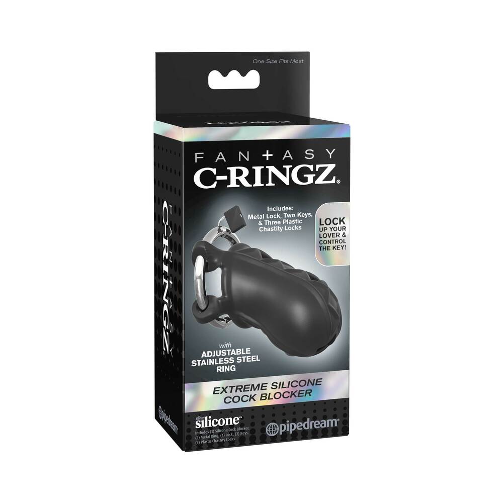 Pipedream Fantasy C-Ringz Extreme Silicone Cock Blocker Locking Chastity Cage Black - Red Garter