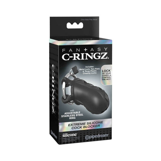 Pipedream Fantasy C-Ringz Extreme Silicone Cock Blocker Locking Chastity Cage Black - Red Garter