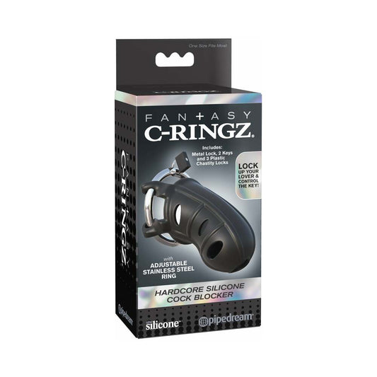 Pipedream Fantasy C-Ringz Hardcore Silicone Cock Blocker Locking Chastity Cage Black - Red Garter