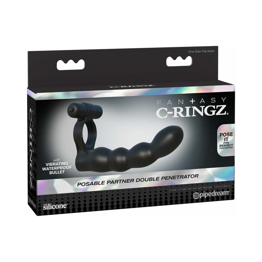 Pipedream Fantasy C-Ringz Posable Partner Double Penetrator Vibrating Cockring Black - Red Garter