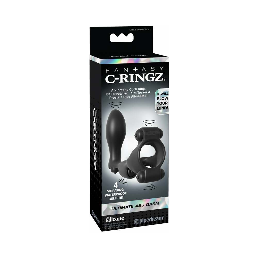 Pipedream Fantasy C-Ringz Ultimate Ass-Gasm Vibrating Silicone Cockring With Anal Plug Black - Red Garter