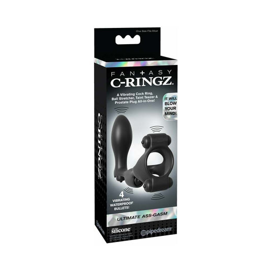 Pipedream Fantasy C-Ringz Ultimate Ass-Gasm Vibrating Silicone Cockring With Anal Plug Black - Red Garter