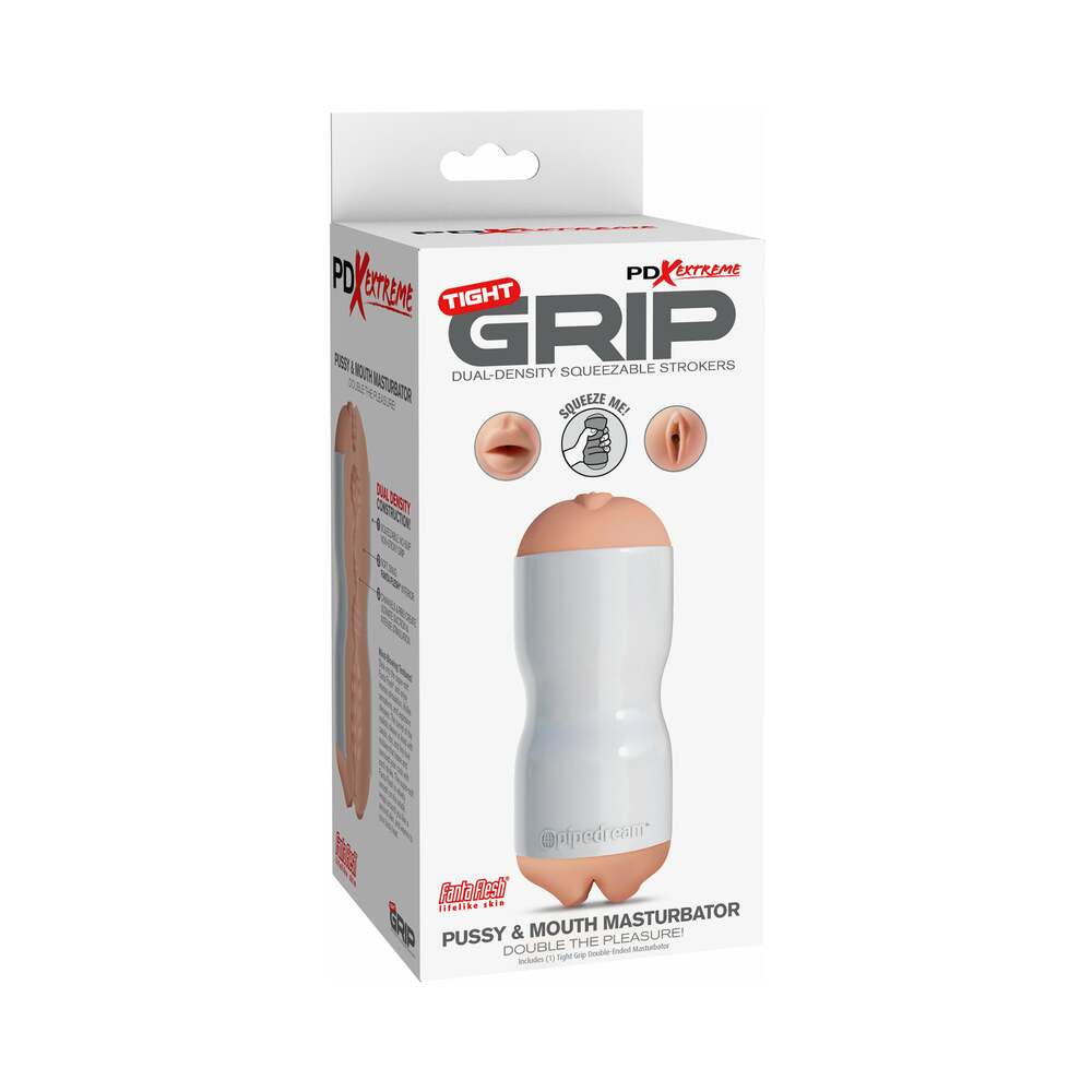 PDX Tight Grip Pussy & Mouth Dual Density Squeezable Masturbator Beige/White - Red Garter