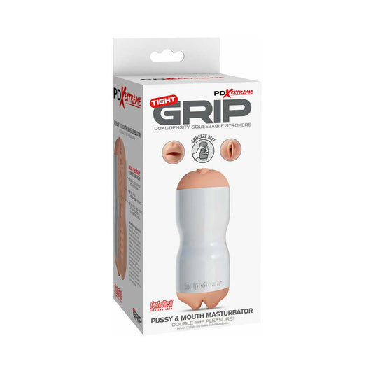 PDX Tight Grip Pussy & Mouth Dual Density Squeezable Masturbator Beige/White - Red Garter