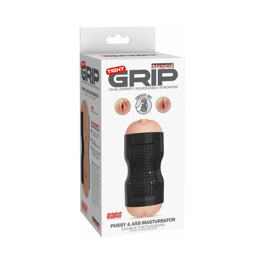 PDX Tight Grip Pussy & Ass Dual Density Squeezable Masturbator Beige/Black - Red Garter