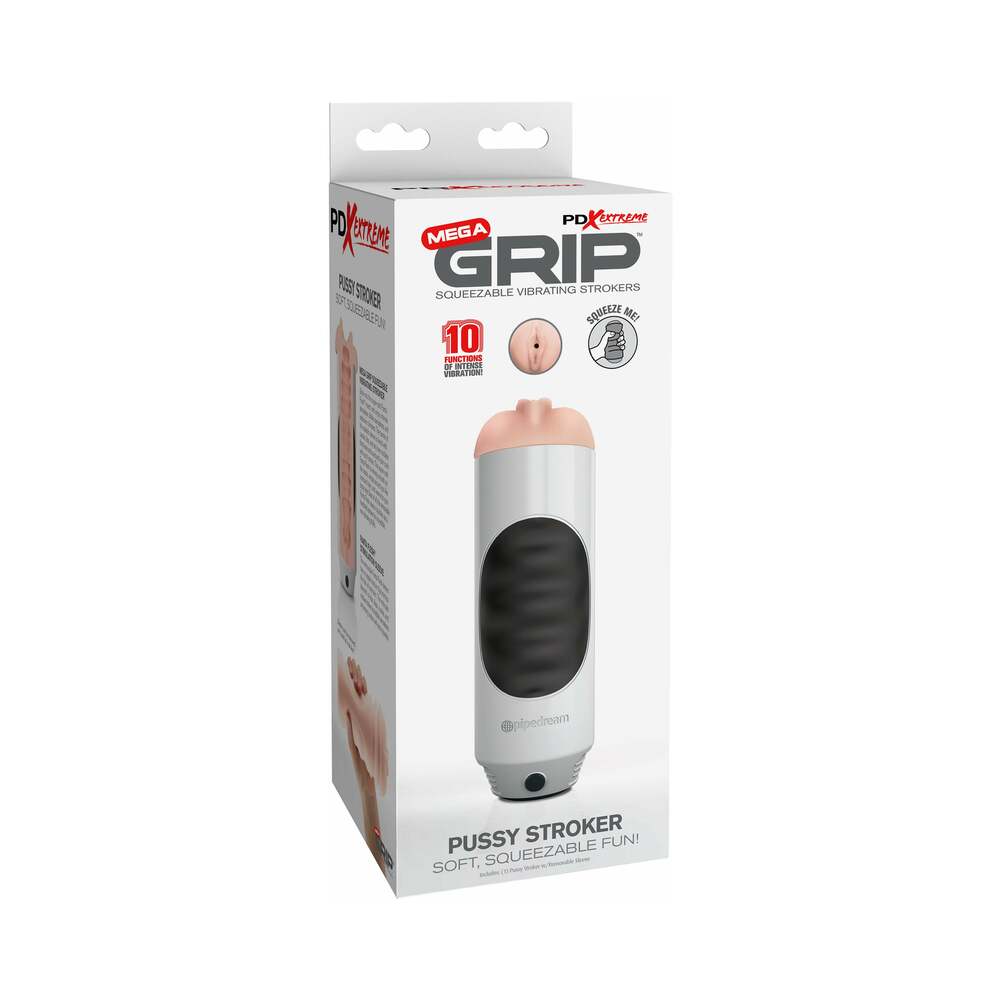 PDX Mega Grip Pussy Stroker Squeezable Vibrating Masturbator Beige/White - Red Garter