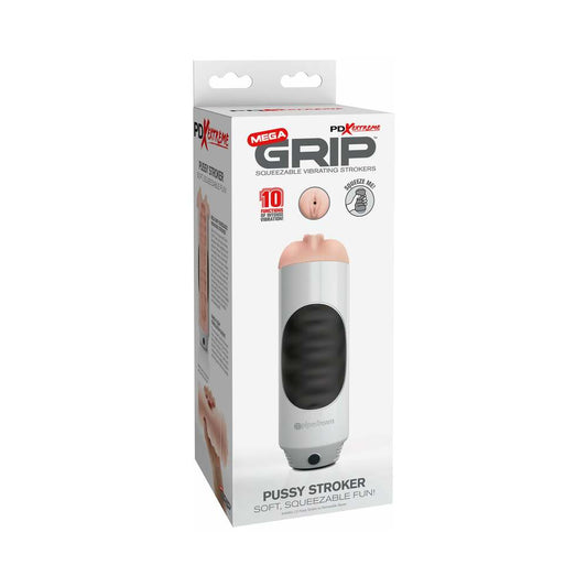 PDX Mega Grip Pussy Stroker Squeezable Vibrating Masturbator Beige/White - Red Garter