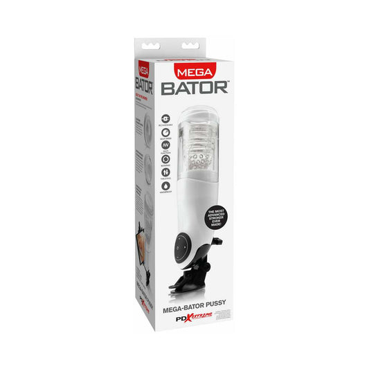 PDX Mega-Bator Pussy Rotating Thrusting Stroker With Suction Cup Clear/White - Red Garter