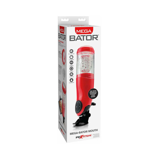 PDX Mega-Bator Mouth Rechargeable Rotating Thrusting Stroker With Hands-Free Suction Cup Clear/Red - Red Garter