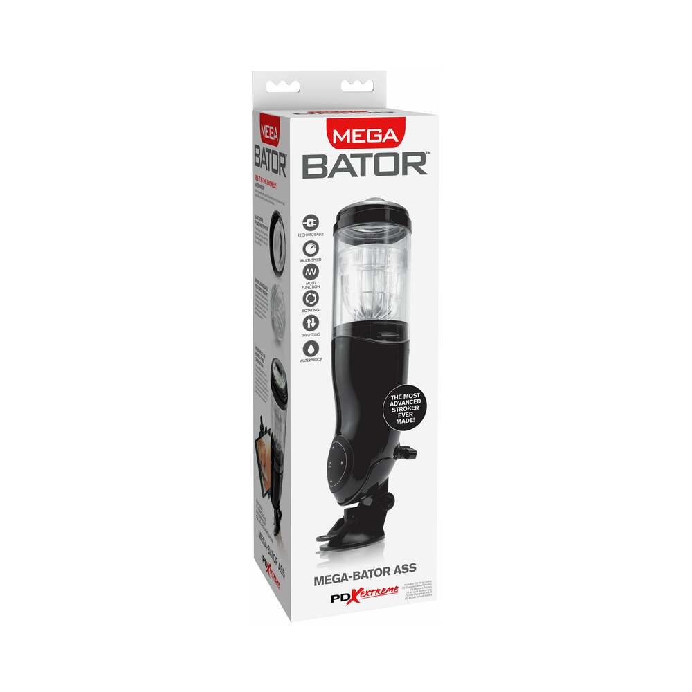 PDX Mega-Bator Ass Rechargeable Rotating Thrusting Stroker With Hands-Free Suction Cup Clear/Black - Red Garter