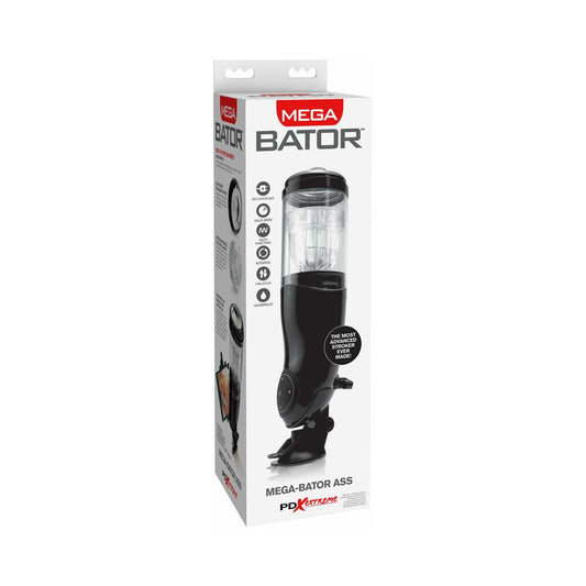 PDX Mega-Bator Ass Rechargeable Rotating Thrusting Stroker With Hands-Free Suction Cup Clear/Black - Red Garter