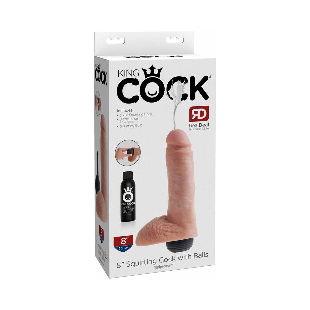 Pipedream King Cock 8 in. Squirting Cock With Balls Realistic Dildo Beige - Red Garter