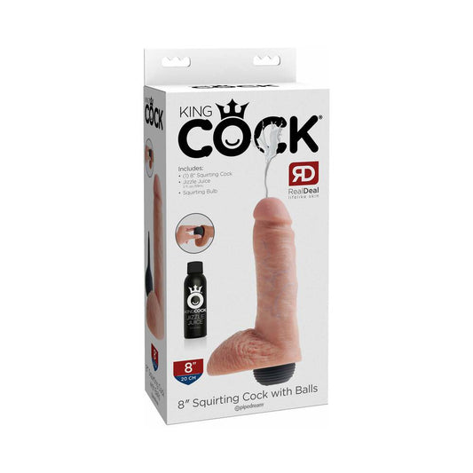 Pipedream King Cock 8 in. Squirting Cock With Balls Realistic Dildo Beige - Red Garter