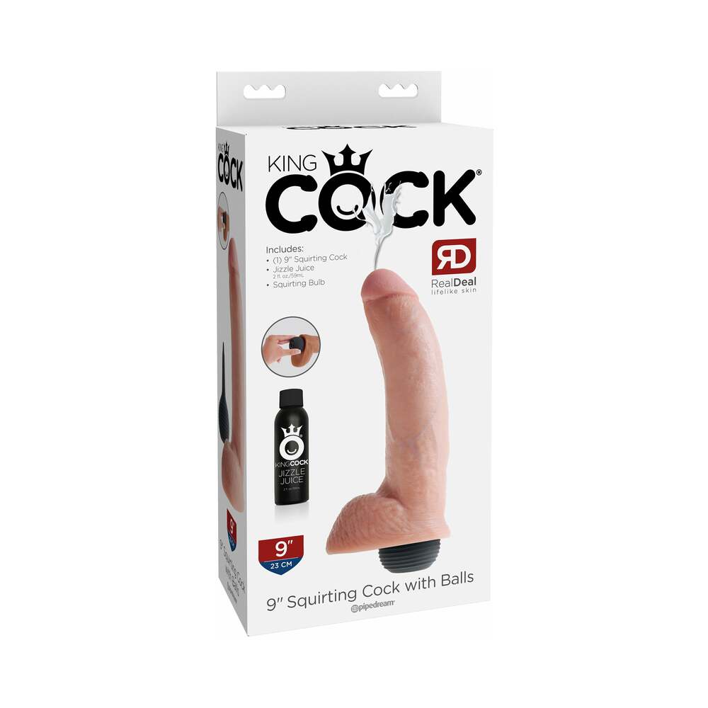 Pipedream King Cock 9 in. Squirting Cock With Balls Realistic Dildo Beige - Red Garter