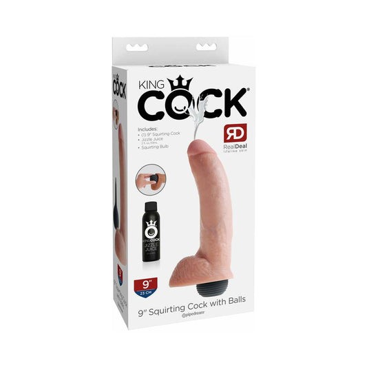 Pipedream King Cock 9 in. Squirting Cock With Balls Realistic Dildo Beige - Red Garter