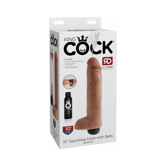 Pipedream King Cock 10 in. Squirting Cock With Balls Realistic Dildo Beige - Red Garter