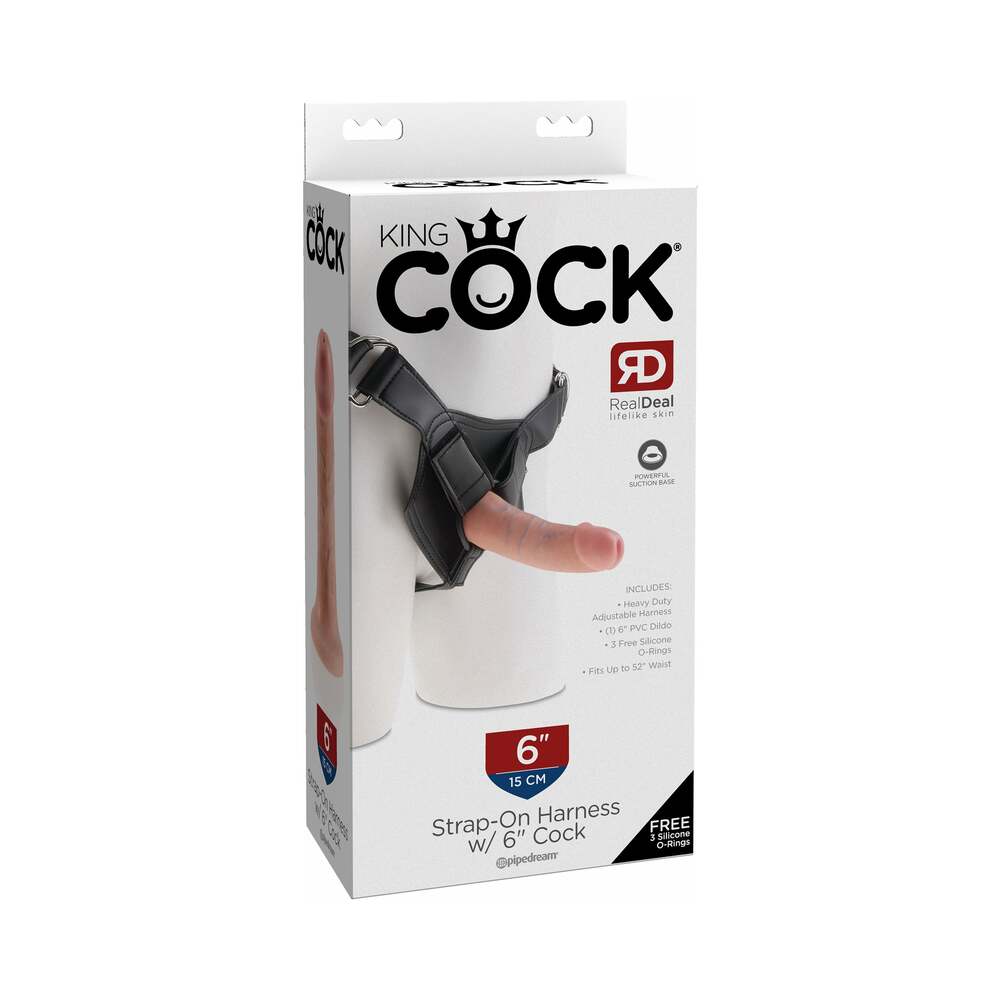 Pipedream King Cock Strap-On Harness With 6 in. Cock Beige - Red Garter