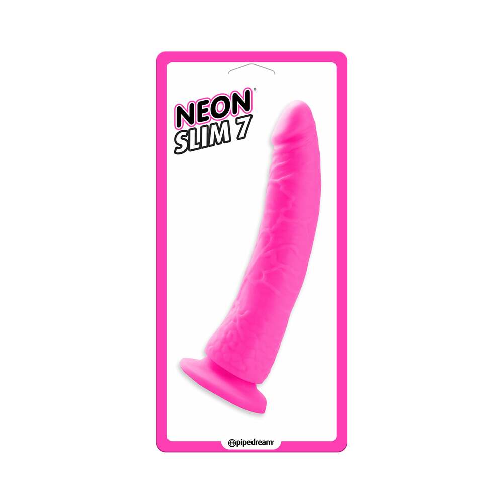 Pipedream Neon Slim 7 Realistic 7 in. Dildo With Suction Cup Pink - Red Garter