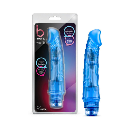 B Yours Vibe 6 Realistic 9.25 in. Vibrating Dildo Blue - Red Garter