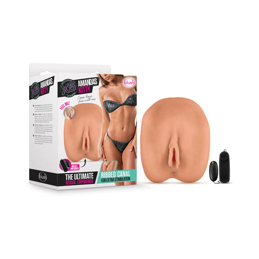 X5 Men Amanda''s Kitty Dual Entry Masturbator with Remote-Controlled Bullet Vibrator Tan - Red Garter