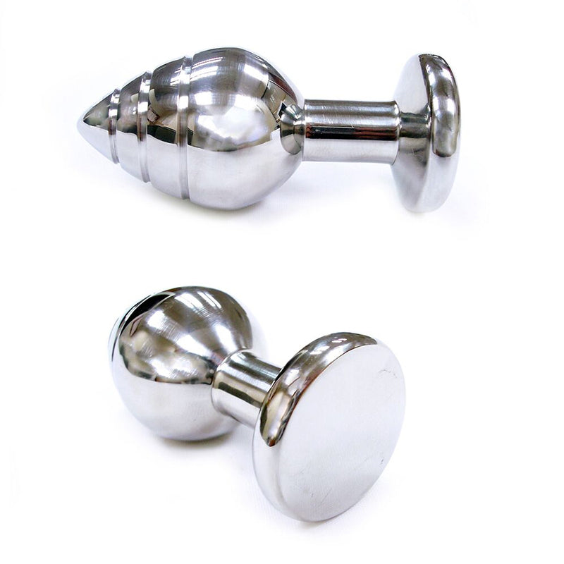 Stainless Steel Grooved Anal Butt Plug (Small) - Red Garter