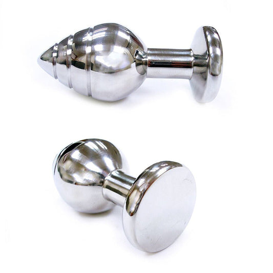 Stainless Steel Grooved Anal Butt Plug (Small) - Red Garter